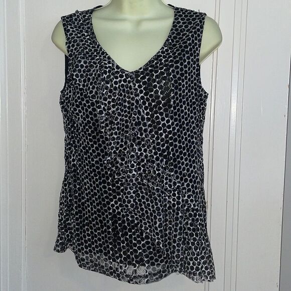 Chico’s white with black polka dots sleeveless blouse with ruffle across front - Picture 1 of 8